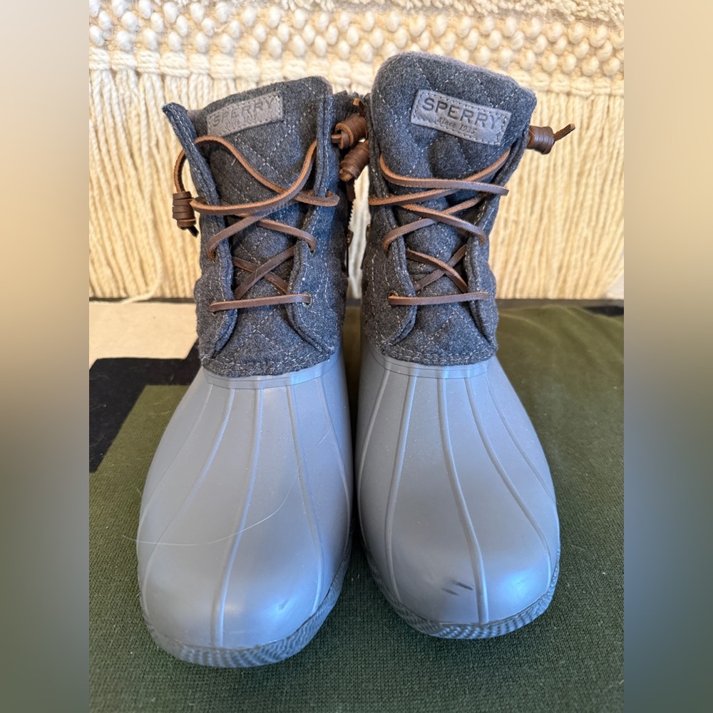 This is a pair of Sperry Women's Saltwater Quilted Wool Duck Boots in grey.